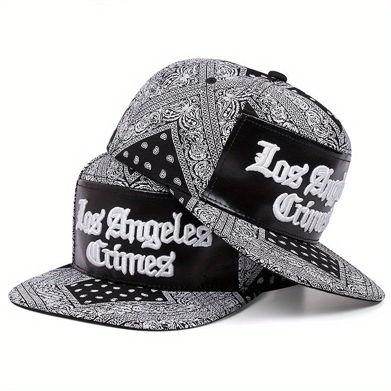Men's Los Angeles Crimes Baseball Cap - Stylish Black & White Paisley Design with "LACRIMES" Text, Adjustable Fit for Outdoor Sports, Baseball Cap.woven fabric.