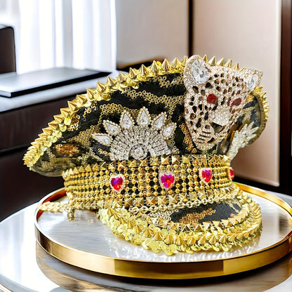 Steampunk Rhinestone Captain Hat for Women | Adjustable Shiny Glam Military Cap with Leopard Print, Perfect for Burning Man, Halloween, Music Festivals, Rave, Cosplay Costume, Carnival, Disco, Bachelorette Party | Sparkling P