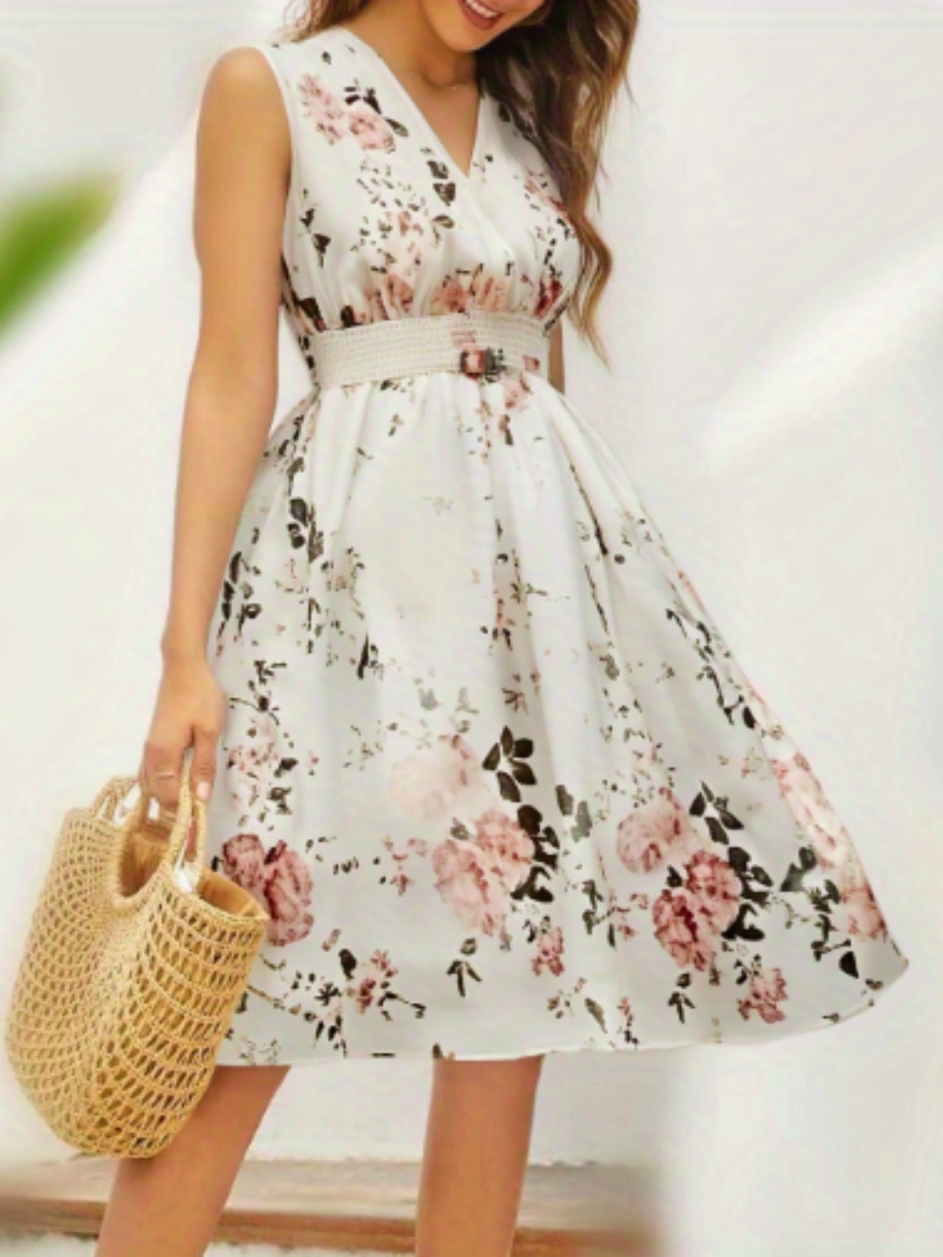 Women's Elegant Floral Print Sleeveless A-Line Sling Dress with Puff Sleeve Accent - Floor-Length or Above-Knee Length Long Skirt, Round Neck Fitted Top & A-Line Silhouette, Machine Washable All-Season Formal & Semi-Formal Ou