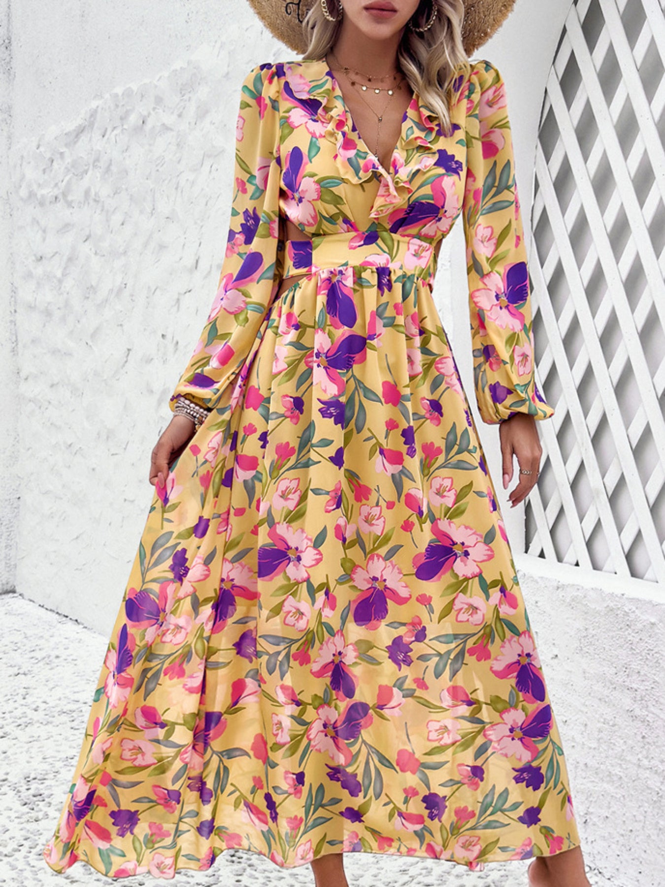 Stylish Floral Dresses with V-Neck, Long-Sleeved& Waist-Cinching Design for A Comfortable Look- Holiday& Casual Outfit for Women