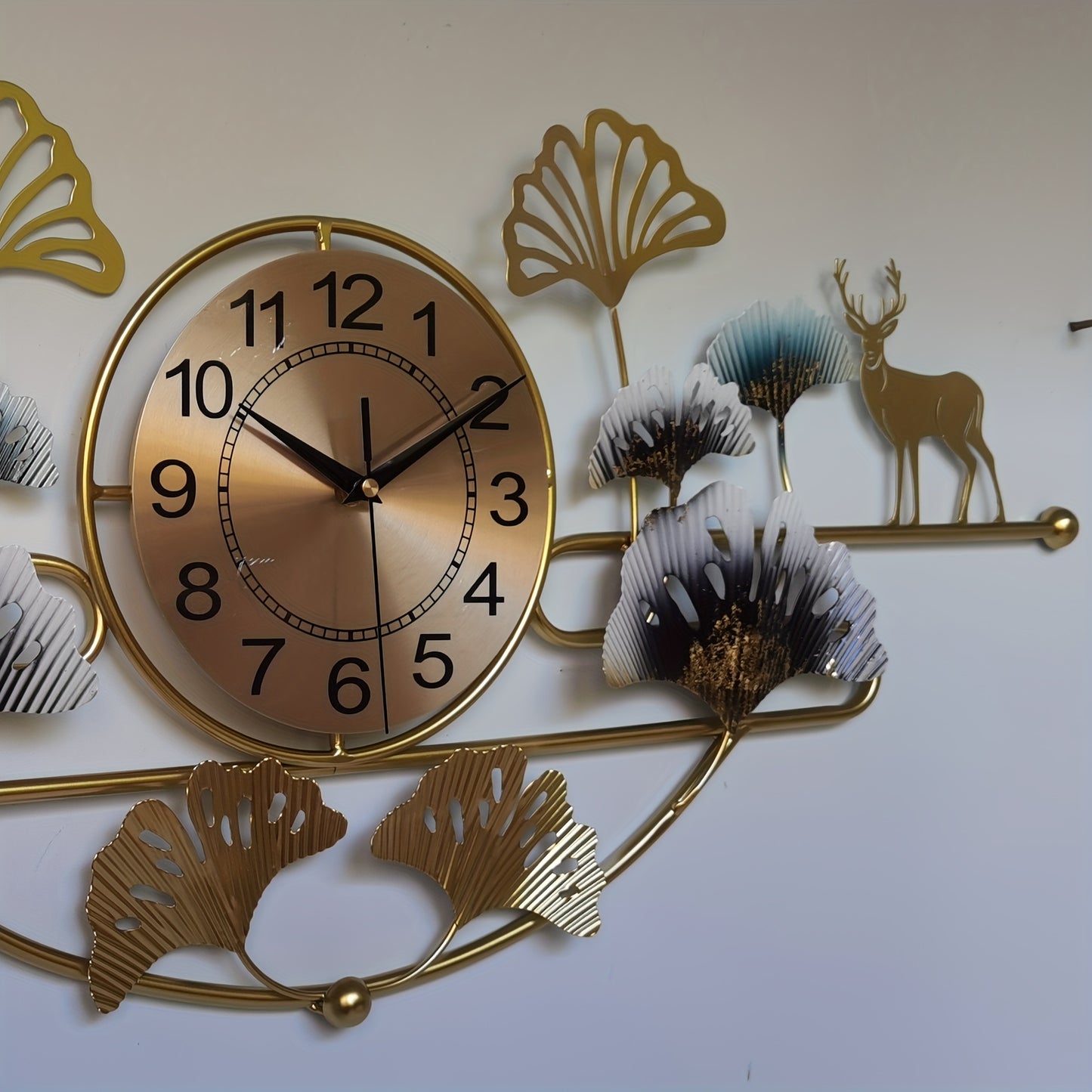 3D Creative Wrought Iron Wall Clock for Bedroom Living Room, 32.68in x 14.57in Ginkgo Leaf Silent Wall Clock, Wrought Iron Decor Gift, Large Black Golden Green for Dining Room