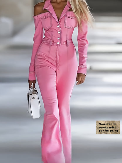 Women'S Fashionable Faux Denim Jumpsuit | Solid Color, Lapel, Off-shoulder, Single-breasted, Long-sleeved, Fitted Top and Slightly Flared Trousers with Pockets | Casual Style, Slight Stretch Fabric, All-Season, SCACTO Brand