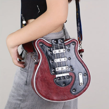 Women's & Unisex Y2K Retro Music-Themed Bass Guitar-Shaped Crossbody Bag with Detachable Strap, Golden-Tone Hardware & Zipper Closure - Band Style Handbag for Musicians & Music Lovers (Red/Black) - 2024 New Design with Chain