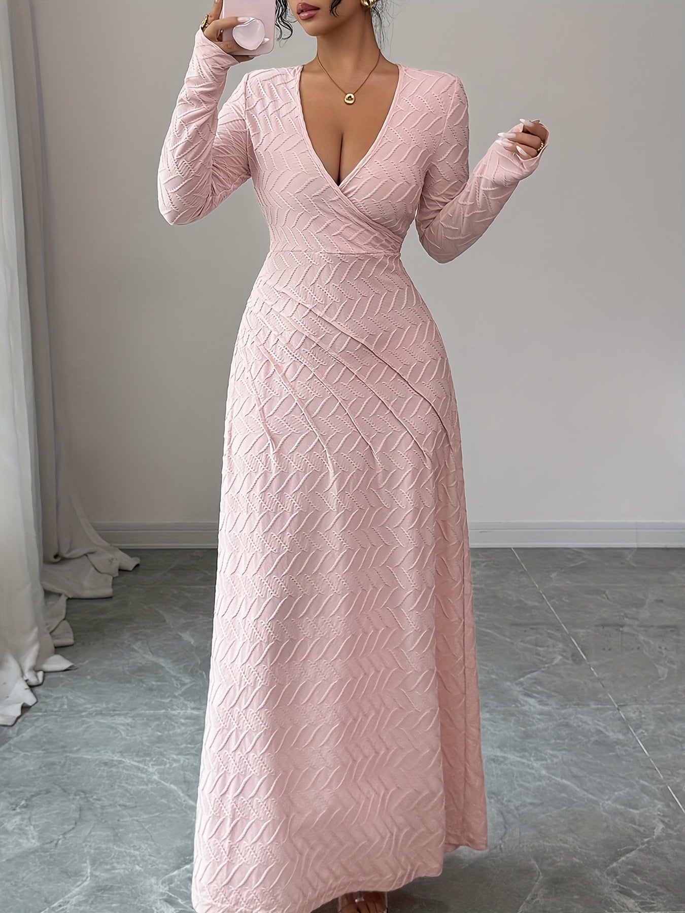 Women's Elegant V-Neck Long Sleeve A-Line Dress - Slim Fit Formal Gown with Cinched Waist, -Length Party Wedding Prom Dress, Machine Washable for all-Season Wear (No alterations needed)