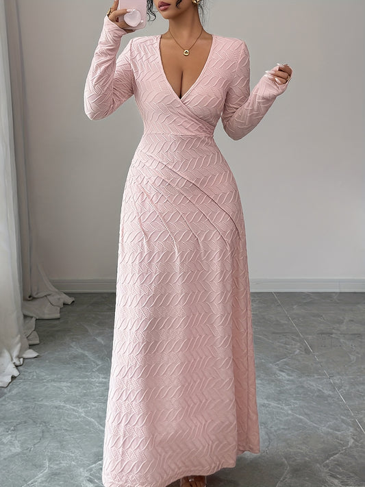 Women's Elegant V-Neck Long Sleeve A-Line Dress - Slim Fit Formal Gown with Cinched Waist, -Length Party Wedding Prom Dress, Machine Washable for all-Season Wear (No alterations needed)