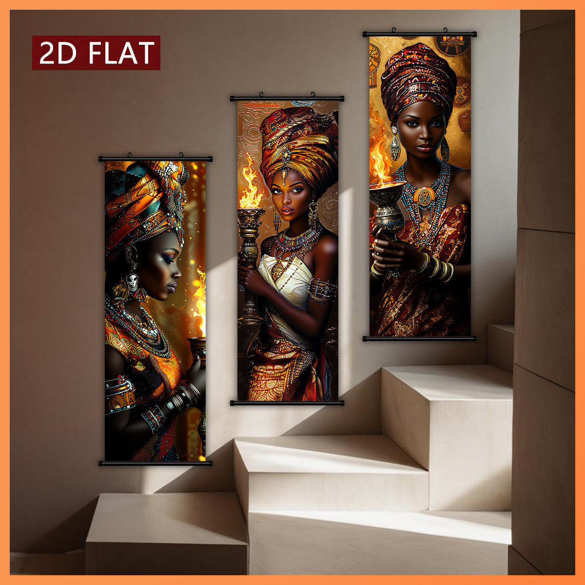2D Flat, 2D/FLAT-3 African Flame Theme Women's Scroll, High-Quality Art Hanging Painting, Fade-Resistant & Odorless Modern Decor for Living Room, Bedroom, and Kitchen