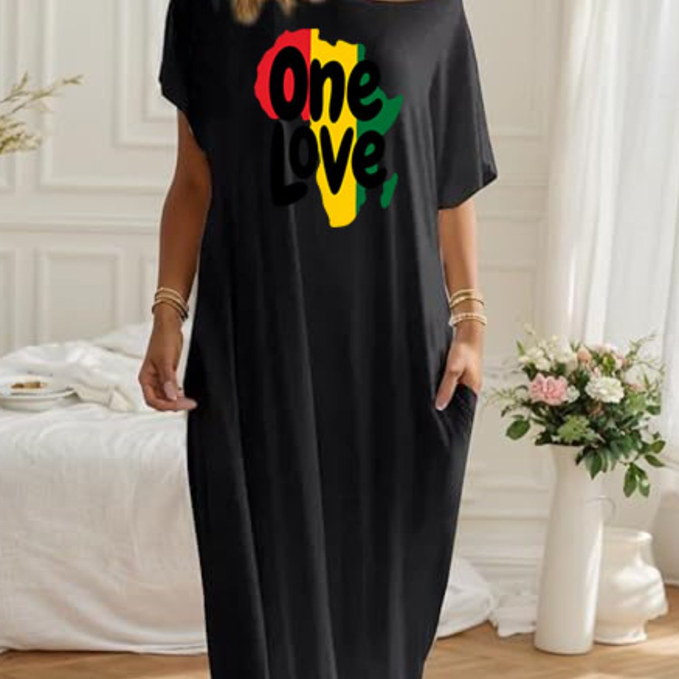 Comfortable Loose Casual Pocket Dress - "One Love" Jamaica Style Pattern Off Shoulder Relaxed Dress
