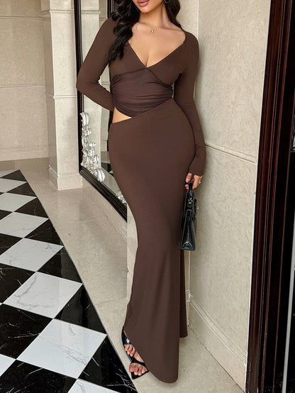 Women's Brown Mermaid Dress - Long Sleeve Deep V-Neck Maxi Dress with Waist Cut-Out & Sheer Panel, Tailored Fit Party Wedding Prom Evening Gown