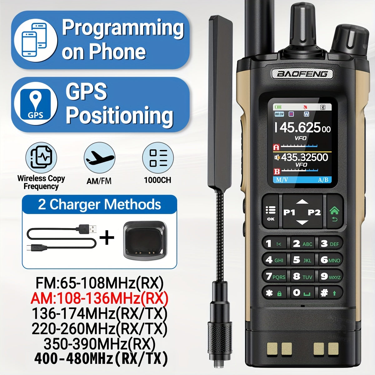 BAOFENG UV-32 10W GPS Ham Radio with APP Programming, NOAA Weather Alert, 2500mAh USB-C Rechargeable Battery, 400-520MHz Long Range Handheld Two-Way Radio for Hunting Fishing Outdoor Adventures, Ergonomic Design, High Quality