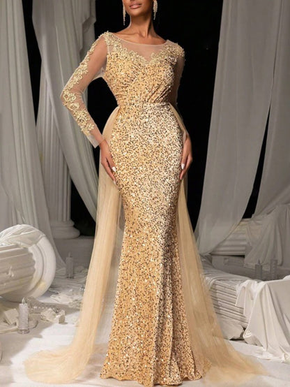 Plus Size, Women' Plus-Size Elegant Evening Gown - Long Train Wedding Dress with Lace Sleeves & Full Train, Round Neck Formal Dress for Prom, Galas, Balls - Luxury Formal Wear (Hand Wash/Dry) - - Wedding & Special Occasion Dr