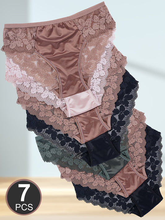 7pcs Women'S Floral Lace Satin Briefs - Semi-Sheer, Mid-Rise Patchwork Underwear with Contrast Lace Trim, Solid Color, Sexy & Stylish for Casual Attire, Cute Underwear, Satinlike Texture