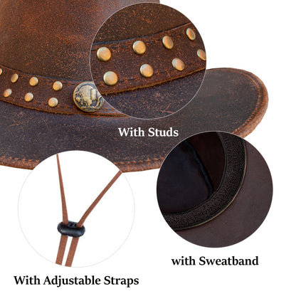 Cowhide Leather Cowboy Western Hat | Genuine Leather Steampunk Deadman Top Hat for Men and Women, Vintage Style for Halloween.