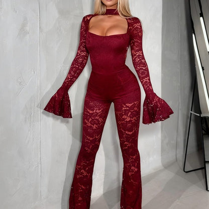 LUCKFOX Sexy Flared Sleeve Lace Jumpsuit Trousers | Fashionable Open Bust Design, Hooded Collar, Perfect for Spring/Summer/Fall