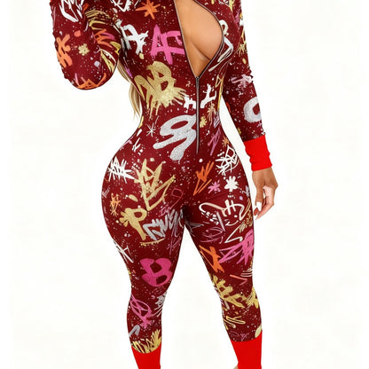 Women'S 4-Season Long Sleeve Jumpsuit | Zipper Design, Lightweight Style with Cute Animal Print, Perfect for Daily Outings & Casual Wear