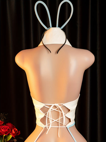Women's Sexy Jumpsuit, Backless Camisole Onesie Design, Crotchless Style, Sexy Lingerie Set: Jumpsuit + Rabbit Ear Headband & Bow Tie