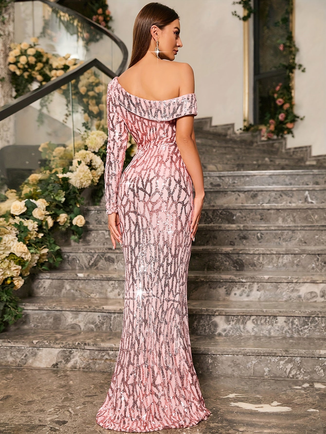 Graceful Asymmetrical Shoulder Long Sleeve Sequin Patchwork Waist Cinched Elegant Evening Dress