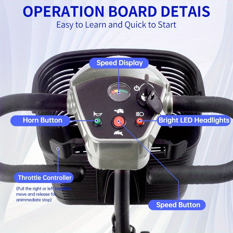 A Four-wheeled Foldable Electric Mobility Scooter For Seniors, It Has A 250W Motor, 24V Power System, 15-mile Range, Front LED Lights, Detachable Basket, Rotatable Seat, And Folds For Car Storage, The Perfect Choice For Daily