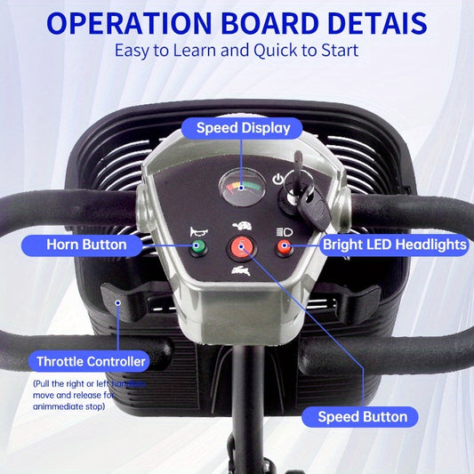 A Four-wheeled Foldable Electric Mobility Scooter For Seniors, It Has A 250W Motor, 24V Power System, 15-mile Range, Front LED Lights, Detachable Basket, Rotatable Seat, And Folds For Car Storage, The Perfect Choice For Daily