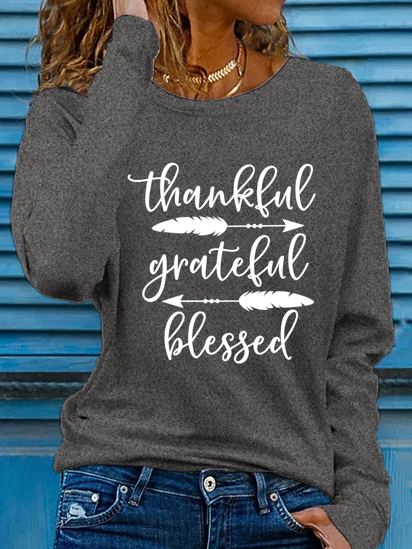 Women's Beige Thankful Grateful Blessed Print Long Sleeve T-Shirt - Loose Fit Round Neck Casual Top with Cursive Lettering & Accent, Soft Comfortable Fabric for Fall Winter Casual Attire, Thanksgiving Christian Apparel, Sprin