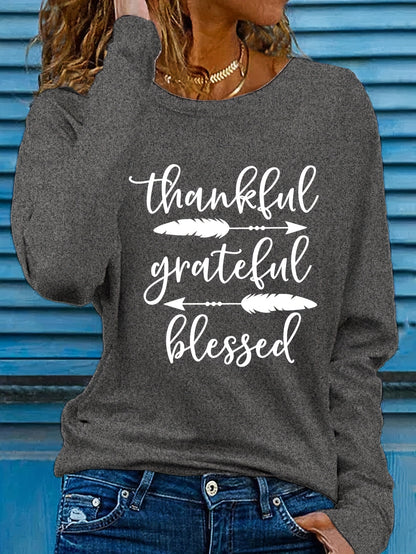 Women's Beige Thankful Grateful Blessed Print Long Sleeve T-Shirt - Loose Fit Round Neck Casual Top with Cursive Lettering & Accent, Soft Comfortable Fabric for Fall Winter Casual Attire, Thanksgiving Christian Apparel, Sprin