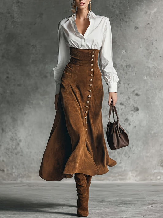 2pcs set: shirt top and buttoned A-line skirt for women | High-waisted flared design, suitable for work, social occasions, and vintage intellectual style