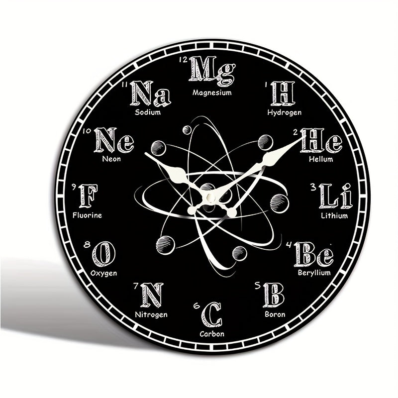1pc Round Clock, Chemical Symbol Creative Wall Clock, Periodic Table Blackboard Chemistry Teacher Clock, Silent Quartz Round Wooden Clock, Suitable for Bedroom Living Room Office Kitchen Bathroom, Battery Powered (Battery Not