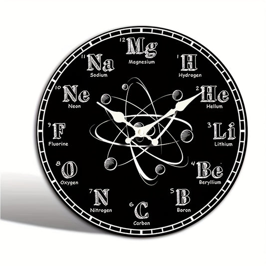 1pc Round Clock, Chemical Symbol Creative Wall Clock, Periodic Table Blackboard Chemistry Teacher Clock, Silent Quartz Round Wooden Clock, Suitable for Bedroom Living Room Office Kitchen Bathroom, Battery Powered (Battery Not