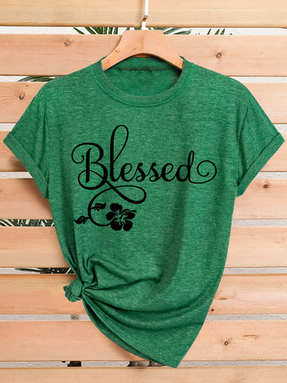 Women's Casual Short Sleeve T-Shirt - Blessed Floral Print Retro Style, Soft Stretch Round Neck Top, Machine Washable All-Season Comfort, Multi-Color Options S-XXL, Ladies T Shirts
