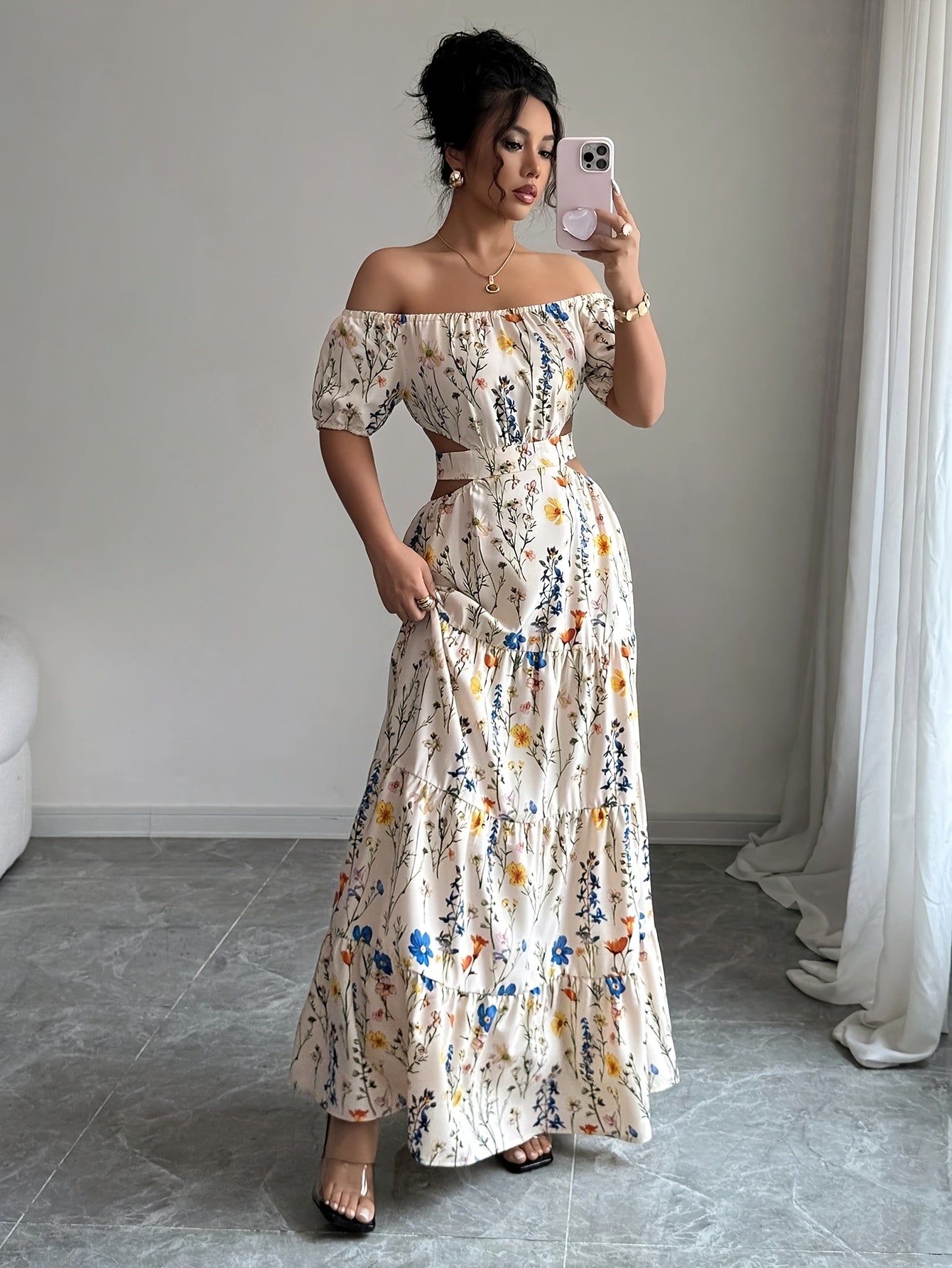 French Romantic Style One-Shoulder Bubble Sleeve Flower Dress Low Back Design Trendy Vacation Maxi Skirt