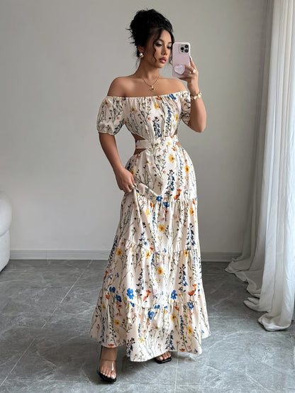 French Romantic Style One-Shoulder Bubble Sleeve Flower Dress Low Back Design Trendy Vacation Maxi Skirt