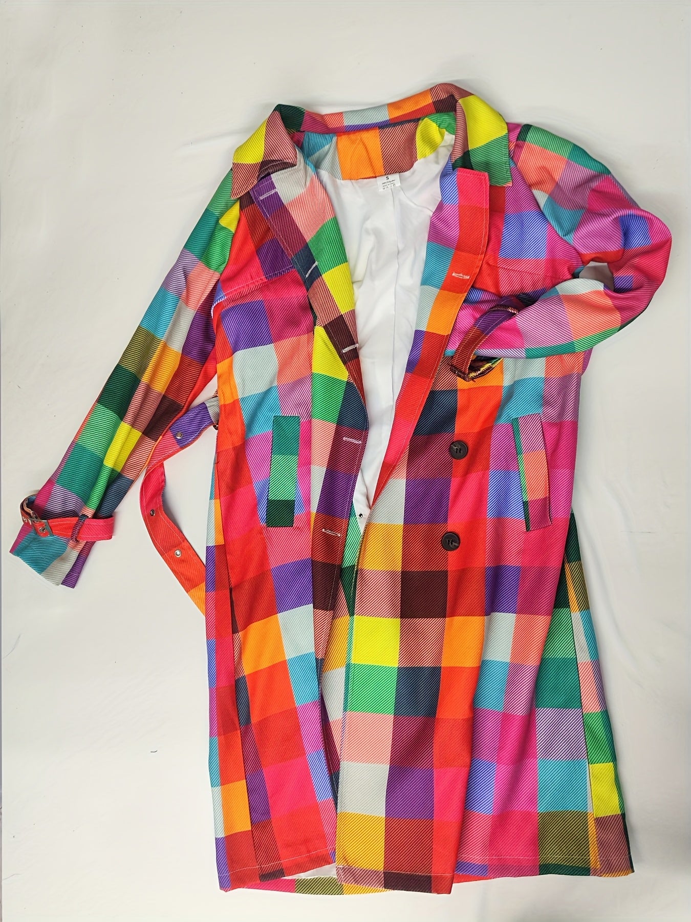 Colorful Plaid Print - Directional Durable Construction - Women's Raincoat with Belt - Elegant Long-Sleeved Jacket with Front Ties - Machine Washable Polyester - Bright Plaid Design - Perfect for Casual Fashionable Outfits