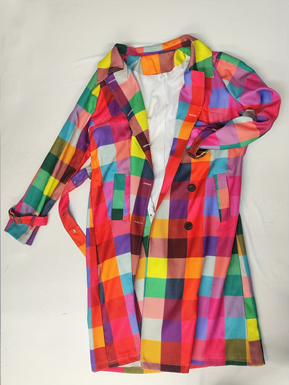 Colorful Plaid Print - Directional Durable Construction - Women's Raincoat with Belt - Elegant Long-Sleeved Jacket with Front Ties - Machine Washable Polyester - Bright Plaid Design - Perfect for Casual Fashionable Outfits