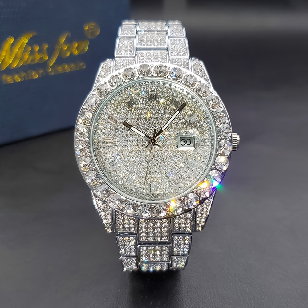 Men's Classic Business Quartz Watch - Rhinestone Dial, Zinc Alloy Strap - Party Style | Calendar Feature | Battery Powered