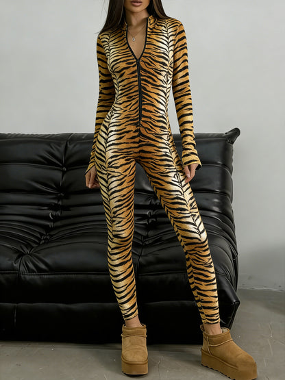 Women's Sexy Tiger Print Slim-fit Jumpsuit, Casual and Fashionable with a Half-zip Stand-up Collar and Long Sleeves. This One-piece Outfit Is Perfect for Parties, Streetwear, and Can Also Be Worn for and Other Casual Due to I