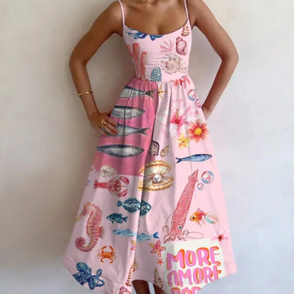 A Vacation Vibe with a Sleeveless Long Dress Featuring a Pink Marine Life Print And a Fitted Waist, Designed to Be Stretchy And Flattering, Suitable for Various Occasions