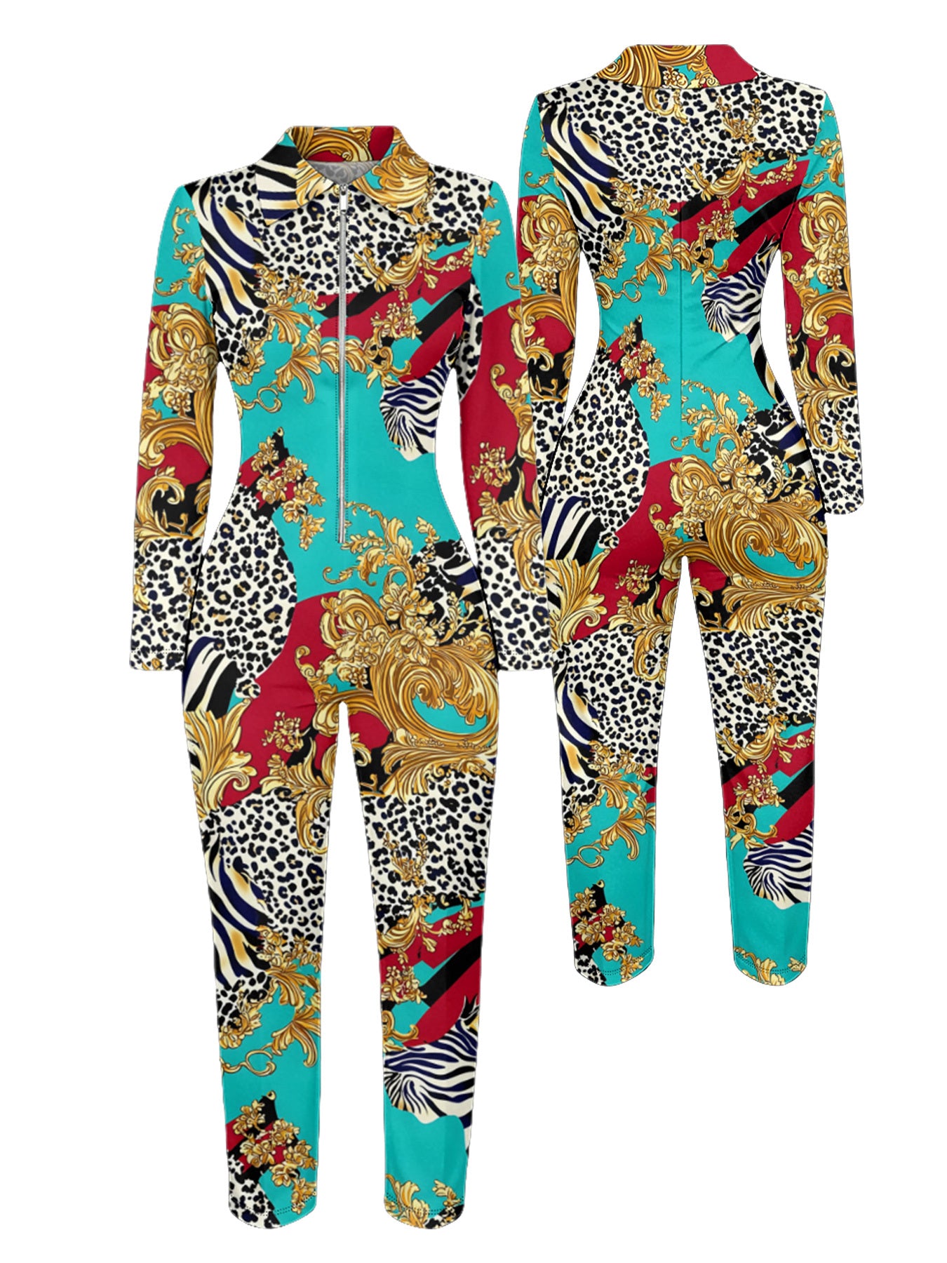 Ladies' Four-season Long-sleeved Sexy Jumpsuit, Front Zipper Design, Light Style, Fashionable Full-print, Perfect for Daily Outings and Casual Wear, Fashionable and Sexy Outfit