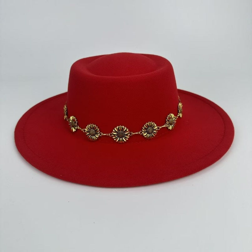 1pc Bohemian-style Unique and Fashionable Felt Hat - Decorated with Exquisite Golden Flower Chain Fedora Hat - Suitable for Daily Street Style, Music Festival Outfits, Bohemian-inspired Looks, Casual Outings and Trendy Season