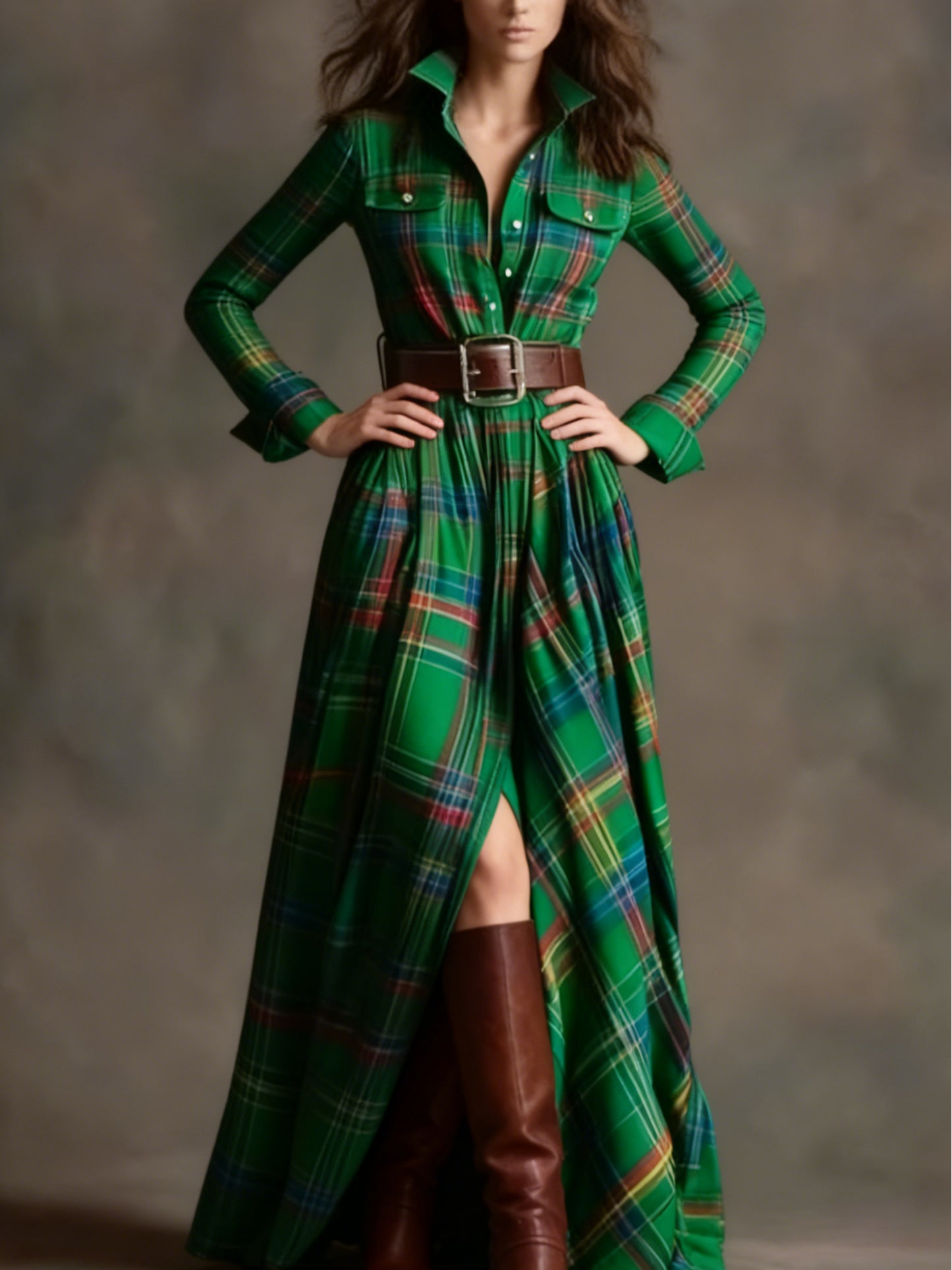 Women'S Autumn-Winter French Retro Elegant Literary Plaid Lapel Maxi Dress | Long Sleeve, Button Details, Vintage Style