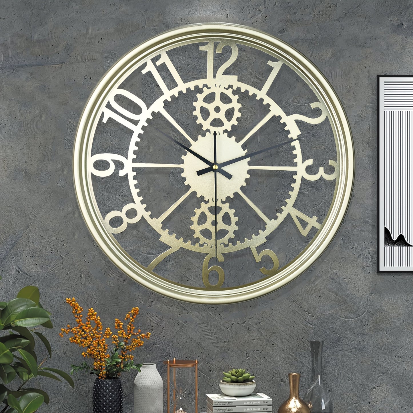 A simple and atmospheric style metal gear wall clock with silent design, suitable for corridors, porches, living rooms, bedrooms, teachers, kitchens, offices, Christmas, Halloween, housewarming, holiday parties, etc