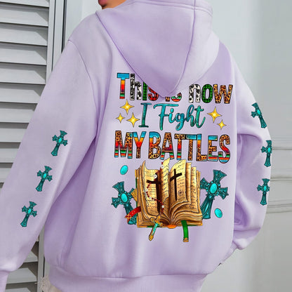 Women's Christian Bible Verse Hooded Sweatshirt "This Is How I Fight My Battles" with Cross & Prayer Hands Print - Winter Warm Hoodie, Long Sleeve Religious Apparel for Church, Prayer Meeting & Christmas (Gray) - Casual Faith