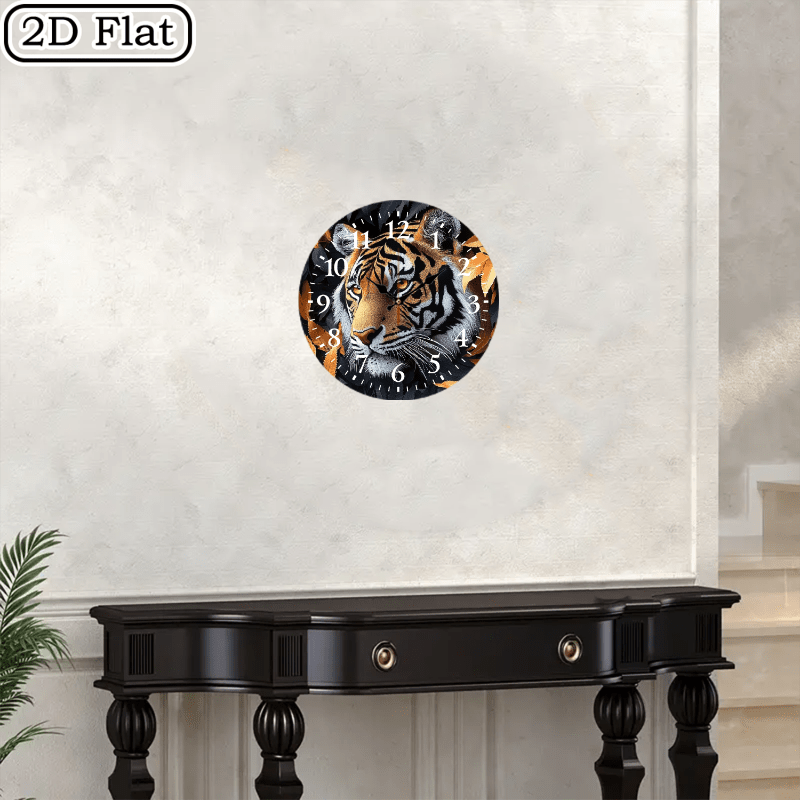 10x10 Inch Round Wooden Wall Clock with Tiger Head & Orange Leaves Design - Silent Non-Ticking Battery-Powered Modern Black/White Face, Golden Hands - Home Office Bedroom Decor, Wildlife-Themed Gift for Halloween Christmas (A