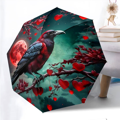 Automatic Folding Umbrella A red and black crow perched on a branch with red hearts against a full red moon. Portable collapsible design, casual outdoor accessory, Christmas birthday festival friends family