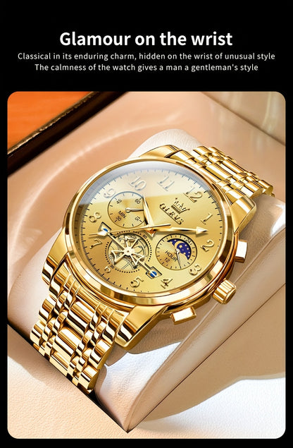 OLEVS Men's Luxury Multifunctional Quartz Watch - Stainless Steel Luminous Analog Watch with Moon Phase, Chronograph, Date/Day/24H Indicator, Golden-Tone & Bracelet for Business, Casual, Casual Attire - Dress Watch