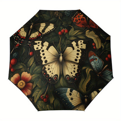 1pc Open/Close Compact Umbrella with & Heavy-Duty 8-Rib Frame - & Forest Bloom Pattern (Butterflies/Tortoiseshell) - Portable Folding Umbrella for s, &, Fits in Briefcase/ Box -