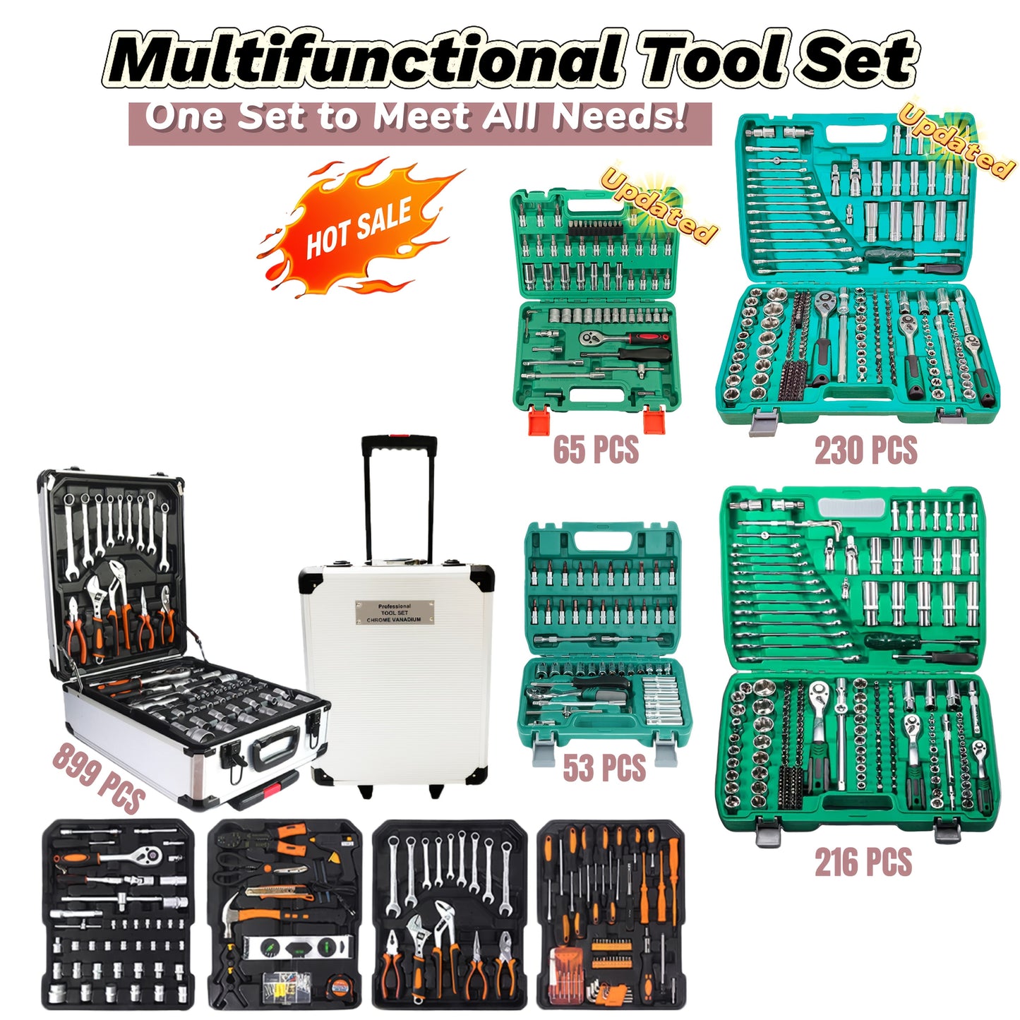 899/216/53PCS Or 230/65PCS Updated Tool Set, MechanicTool Kits for Auto Repair And Household Mechanical Tool Kit for Car Bike Repair Tools, 1/2 *1/4" 3/8 "drive Depth And Standard Sockets, Ratchet Torque Wrench Screwdriver So