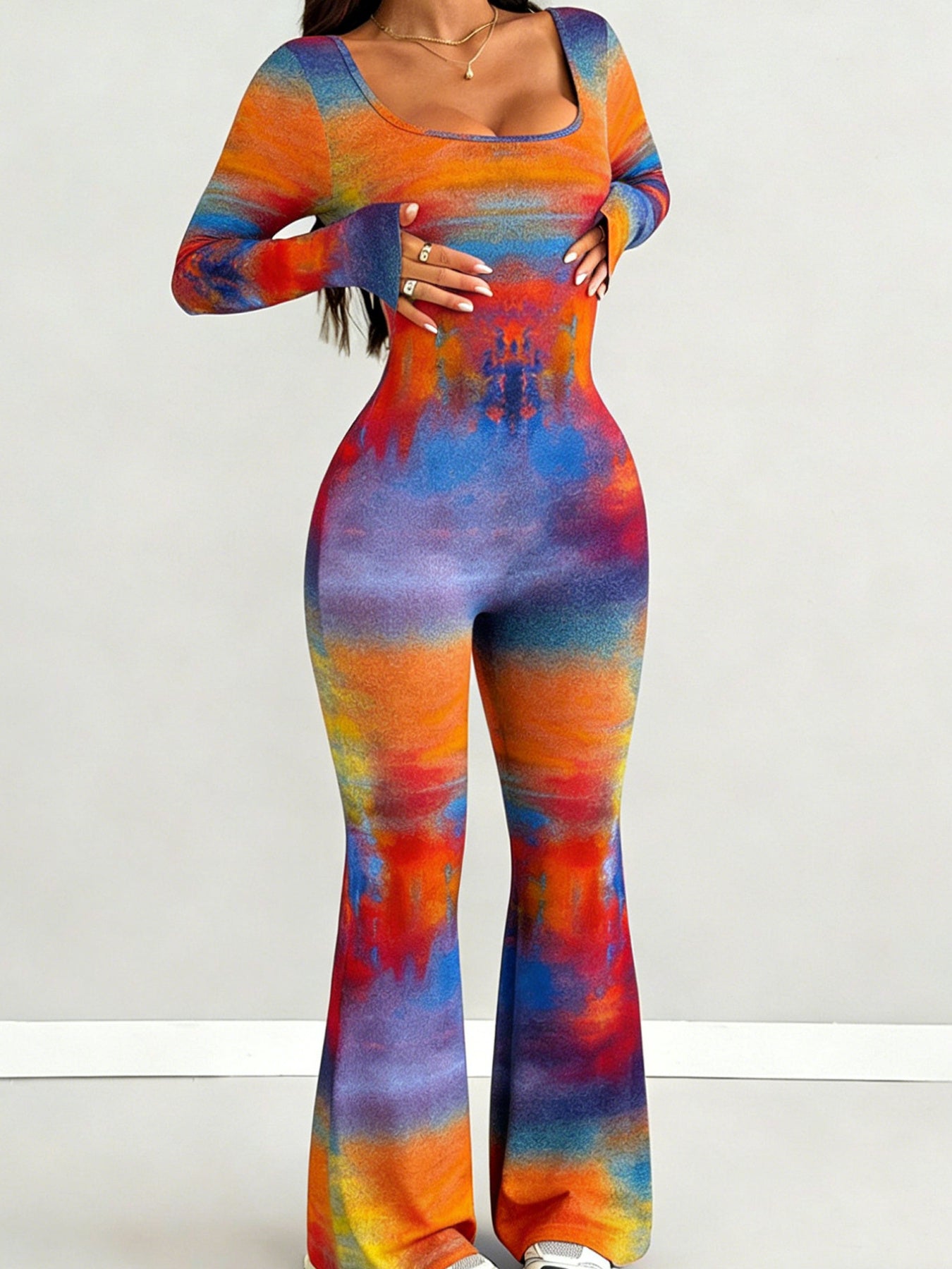 Women'S Jumpsuit | Sexy Hot Outfit, Loose U-Neck Cut, Slim Fit, Tie-Dye Gradient Print, Long Sleeve Design, Flared Leg Style, Suitable for Outdoor, Versatile Use, Fits Multiple Occasions & Seasons, Stretch Fabric