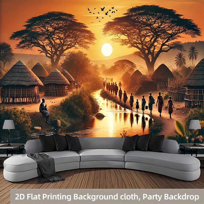2D Flat, 1pc African Sunset Village Party Banner - 71x91 Inch Durable Polyester Backdrop with Vibrant African Landscape Design, No Power Needed, Easy to Hang for Living Room, Bedroom, Office, Outdoor Decor, Perfect for Weddin