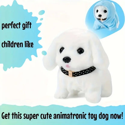 Interactive Electronic White Labrador Puppy Plush Toy - Realistic Walking, Barking & Wagging Tail Robot Dog with Expressive Eyes, Soft Non-Toxic Body & Red Polka Dot Bow Tie - Compatible with LAURA, CAMINA, CORE Commands & MI