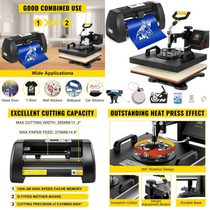 Quality Assurance VEVOR Digital Clamshell 15" X 15" 38 X 38cm Heat Transfer Press + 14 Inch Vinyl Cutter Machine Kit Software Flash Sale