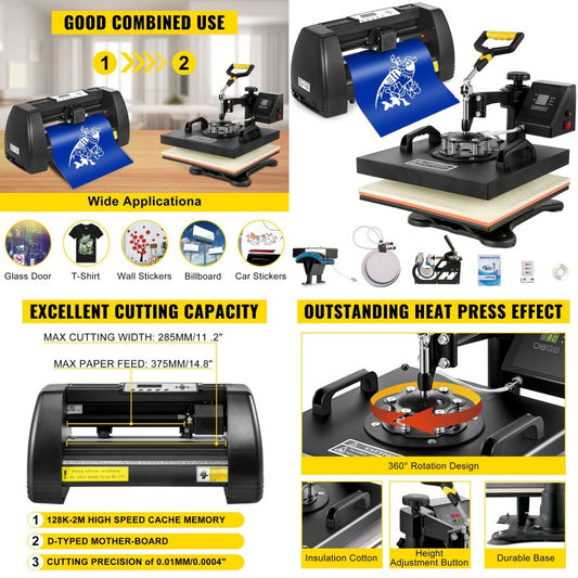 Quality Assurance VEVOR Digital Clamshell 15" X 15" 38 X 38cm Heat Transfer Press + 14 Inch Vinyl Cutter Machine Kit Software Flash Sale